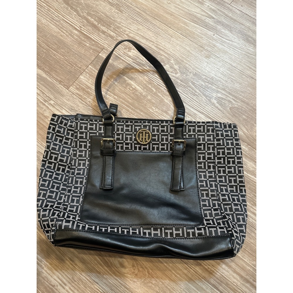 Tommy Hilfiger Black White Monogram Jacquard Tote Bag Faux Leather Trim Large